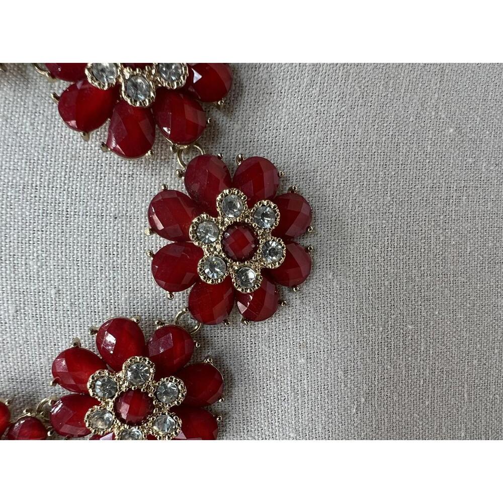 Red Floral Statement Necklace with Rhinestones - Picture 4 of 9